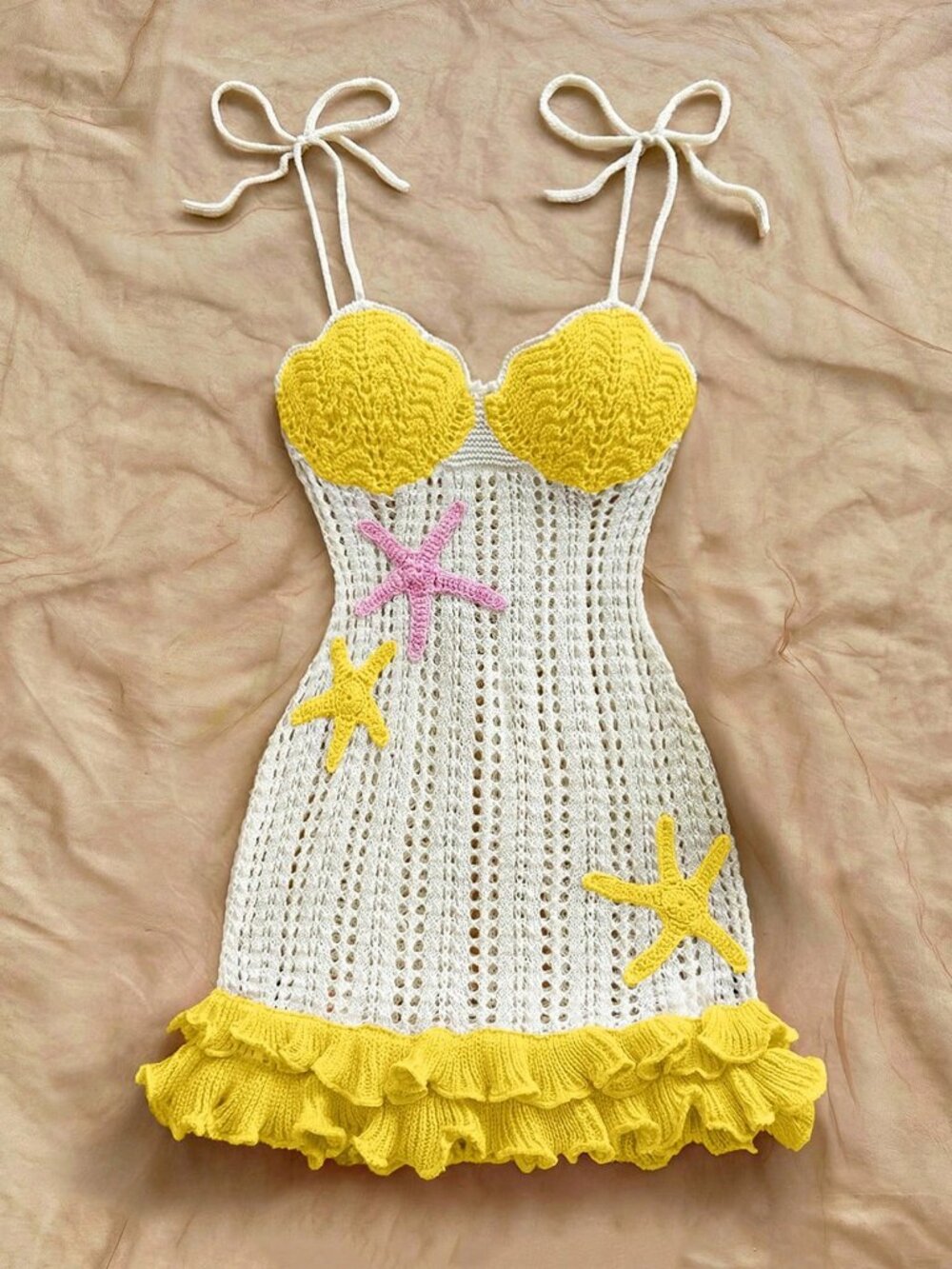 Yellow Casual Women's Cute Starfish Decor crochet Knit mini Dress - Picture 7 of 7